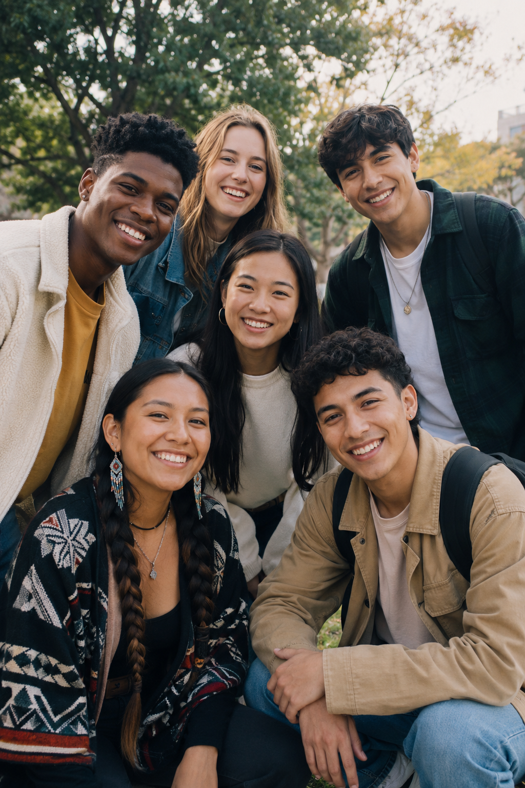 Group of diverse teens smiling outdoor setting